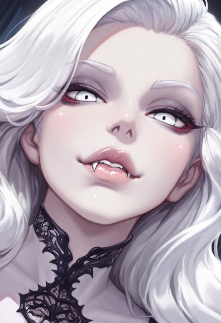 masterpiece, best quality, amazing quality, intricate detail, highly detailed, absurdres, vampire woman,beautiful,she have fangs,white long hair and complete white eyes, dynamic angle, , Detailed lips, wide lips, soft lips, pale lips, glossy lips, lip gloss front view, looking at viewer, dynamic angle, <lora:SmoothStyle_Omega:1>