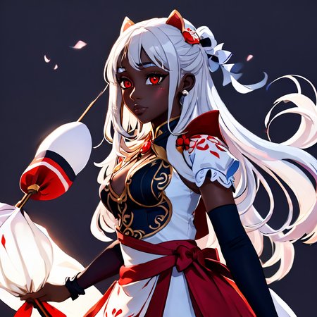 1girl, 3d, black background, cinematic lighting, dark skin, dress, fingerless gloves, genshin_mualani, gloves, hair ornament, long hair, profile, red eyes, sandals, simple background, skirt, solo, white gloves, white hair <lora:Genshin_Mualani_pony:1> <lora:aidma-Image Upgrader-v0.1:1>  perfect hands <lora:MHXL_Scrantelly_Slimjane:.8>