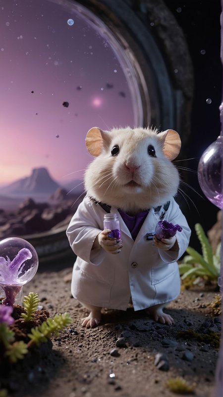 An astronaut exploring an alien planet with a purple sky, strange rock formations, and bioluminescent plants, encountering a friendly, jellyfish-like alien creature A mad scientist hamster in a tiny lab coat, conducting bizarre experiments with miniature beakers and test tubes in a secret lab hidden inside a hamster wheel
Ultra realistic, professional photo, uhd, 8k
<lora:add-detail-xl:1>
<lora:CinematicStyle_v1:0.7>
OverallDetailXL