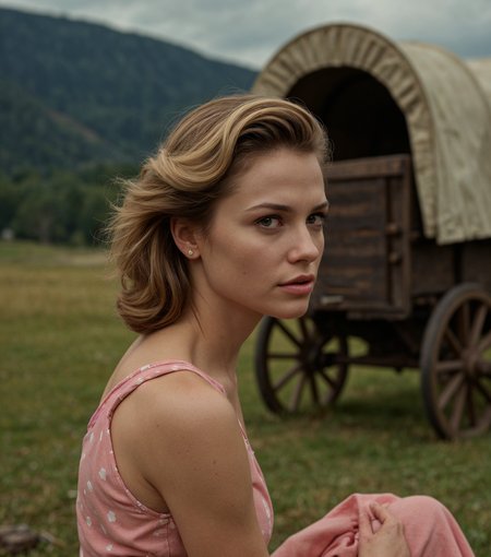 thin woman with small breasts, vivid colors, photograph by Helmut Newton, 1950s Greaser aesthetic, covered wagon, rosy brown, plain dress, movie still, Art Film Genre, moody, eyes open, sitting, side view, sunshine with a thunderstorm on the horizon