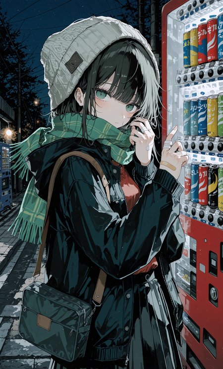 masterpiece, best quality,high quality, newest, highres,absurdres,  traditional media,  SuitablegreenStyle, 1girl, vending machine, scarf, solo, bandaid on hand, hat, beanie, outdoors, black hair, bangs, bandaid, black jacket, red shirt, long sleeves, jacket, shirt, can, looking at viewer, bag, green eyes, black skirt, night <lora:SuitablegreenStyle_IL:1>
