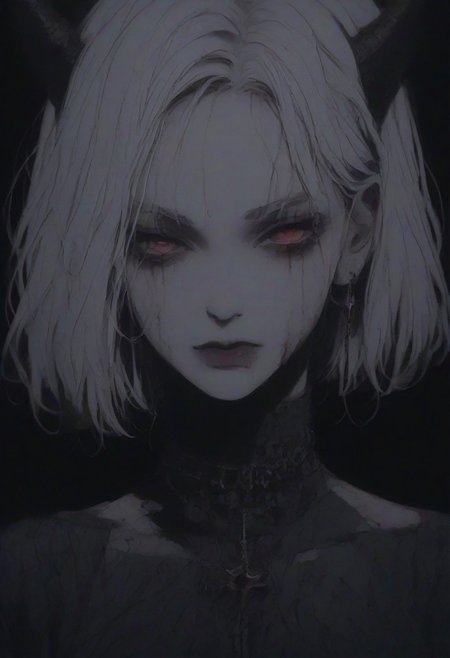 score_9, score_8_up, score_7_up, flat color, blood dripping from mouth, demon girl, demon horns, gthan, gothic, jewelry, red eyes, solo, blood, earrings, cross, 1girl, black background, looking at viewer, portrait, short hair, necklace, blood on face, cross necklace, simple background, spot color, closed mouth, white hair, cross earrings