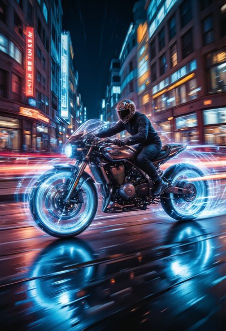 A custom-built hovercraft crafted from a repurposed aircraft turbine speeding through the neon-lit streets of a sprawling cyberpunk city. The turbine, stripped to its gleaming metallic core, hums with raw power, its thrusters glowing with an intense blue light as it hovers effortlessly above the ground. A minimalist seat is mounted atop the turbine, where a shadowy rider dressed entirely in black, including a featureless helmet, controls the vehicle with precision. The machine's rugged yet futuristic design stands out, with exposed cables and glowing energy lines accentuating its industrial aesthetic. Racing through the vibrant chaos, the craft leaves a shimmering trail of heat distortion and sparks, blending innovation with raw, unbridled speed.,d0ntst0pm3n0w, <lora:Dont_Stop_Me_Now.safetensors:0.8>,  <lora:DarkCore-000003.safetensors:1.0>,  <lora:arti_monopencildrawing_v01-000008.safetensors:0.5>,  <lora:aidmaGLOW-FLUX-V0.1.safetensors:0.5>,
