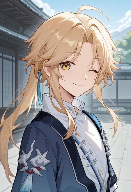 masterpiece,best quality,amazing quality, source_anime, 
Yanqihonk, 1boy, male focus, yellow eyes, blonde hair, long hair, ponytail, chinese clothes, shirt, white shirt, kimono, blue kimono, outdoor, smile, one eye closed,