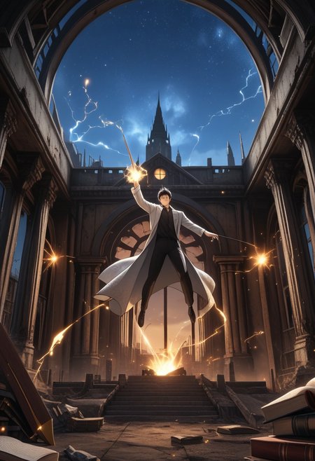 KimDokja, brown eyes, black hair, short hair, Kim clothes, smiling, holding a book in one hand and a sword in the other, sparks of electricity jumping in the background, detailed eyes, full body shot, night, starry sky, beautiful sky, detailed background, abandoned city, ruins, 
He wields a glowing, celestial sword,