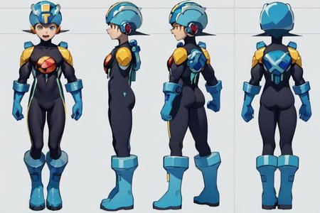 (masterpiece, official art), best quality, 1boy, solo, chara-sheet, megaman, blue footwear, blue headwear, bodysuit, boots, covered collarbone, yellow pauldron, full body, blue gloves, green eyes, helmet, looking at viewer, male focus, open mouth, purple bodysuit, simple background, smile, solo, standing, muscular, large pectorals, thick thighs