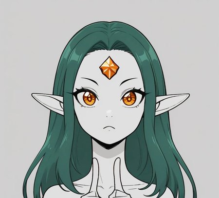 ASCIIASCIILapanya, 1 person, solo, pointy ears, ((snout nose)), flat chest, up close, neck-up view, forehead focus, highly detailed)), front view, pale skin, bony physique, slender jaw, high cheekbones, yellow irises, half-lidded eyes, dark teal hair, long straight hair parted in the middle, bony build, small nostrils, orange diamond shaped gemstone on forehead, ((hands raised, both hands pointing directly at gemstone on forehead))
Lineart, clean lines, up close, upper body focus, highly detailed face, high quality, best quality,  score: 9, score: 8 up, rating: safe