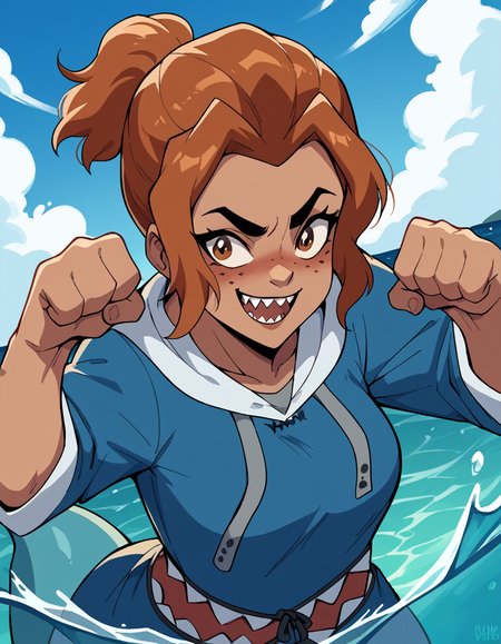 score_9, score_8_up, score_7_up, source_anime, <lora:lady-kima-s3-ponyxl-lora-nochekaiser:1>, lady kima, bangs, brown hair, brown eyes, freckles, parted bangs, ponytail, short ponytail, medium breasts,, <lora:gawr-gura-cosplay-ponyxl-lora-nochekaiser:1>, gawrguracosplay, gawr gura (cosplay), shark hood, shark costume, blue hoodie, shark tail, animal hood, fish tail,, outdoors, ocean, water, submerged, smile, blush, paw pose, open mouth, fangs, sharp teeth,, , dutch angle, cowboy shot