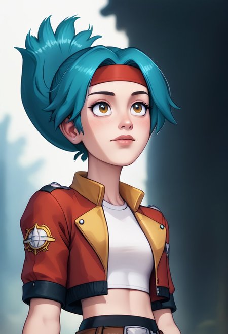 score_9, score_8_up, score_7_up, score_6_up, PRSNL_3_1, uncensored, pupils black dots, lips,
upper body, best quality, masterpiece, 4k, realistic, warm light,
1girl, solana, blue hair, ponytail, brown eyes
headband, cropped jacket, open jacket, red jacket, fingerless gloves, belt, shoes, thighhighs