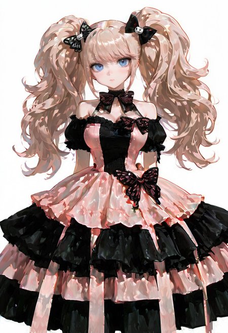 butterfly bow dress, pink dress, black dress, frills, ribbon, 1girl,solo, enoshima_junko