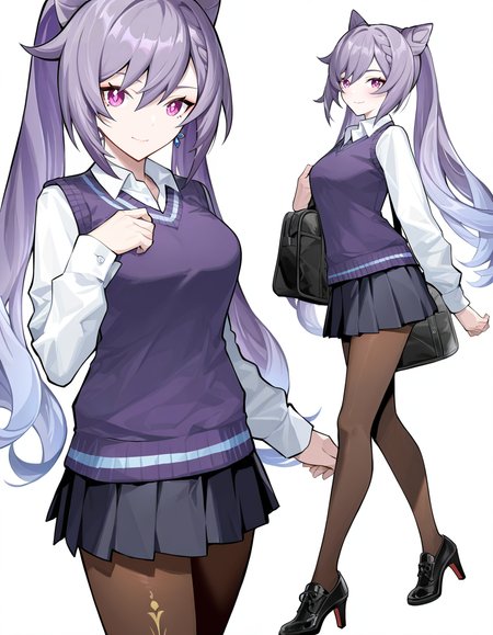 1girl, keqing \(genshin impact\), 
kousak1, solo, skirt, shoes, pantyhose, alternate costume, looking at viewer, smile, school uniform, hair bun, twintails, purple hair, bag, breasts, high heels, pleated skirt, sweater vest, miniskirt, cone hair bun, white background, brown pantyhose, long hair, double bun, standing on one leg, shirt, full body, medium breasts, black footwear, standing, simple background, long sleeves, white shirt, black skirt, purple eyes, closed mouth, contemporary,
masterpiece, best quality, very aesthetic, newest, absurdres, incredibly absurdres
 <lora:kousaki:1>