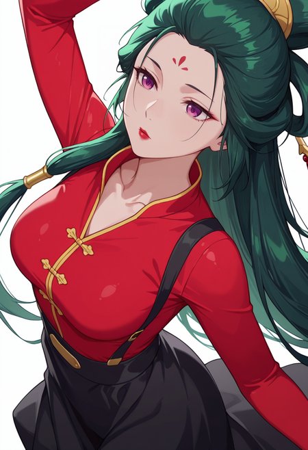 Smooth Quality,masterpiece,very intricate, high quality details, ultra realistic, high detailed skin,detailed enviorement,absurdres,
simple background, white background,solo,
dynamic angle,confused,dancing, 
 <lora:Fengxian_CNR:0.8> feng_cnr, 1girl,green hair,very long hair,purple eyes,forehead mark, collarbone, red lips,
cheongsam top,  ,rash guard,  ,suspender skirt,  ,