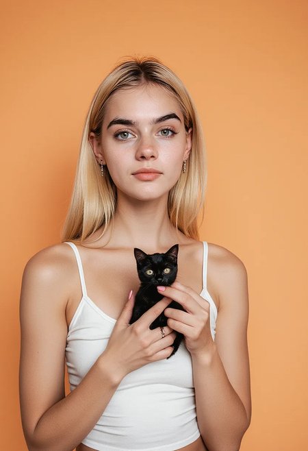 1girl, pretty face, freckles, manic pixie, long blonde hair, straight hair, white tank top, bra strap, holding a cat, FOV medium shot, simple pastel orange background, score_9,score_8_up