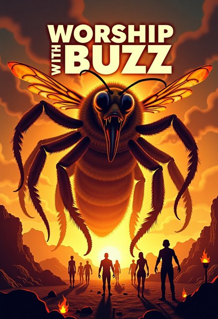 movie poster with text "Worship with Buzz", The giant horrifying bee octopus hybrid great old one god swallowing humans in the all-consuming rage spreading the inevitable existential horror
