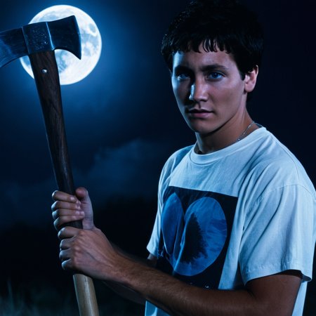 <lora:add-detail-xl:1>
<lora:detailed:0.3>
<lora:perfection style:0.3>
<lora:xl_more_art-full_v1:0.3>
 <lora:Donnie Darko film style:1>
Jake a man holding a wooden axe in his hand,solo,looking at viewer with a glowingmoon on his chest,short hair,shirt,black hair,1boy,closed mouth,white shirt,upper body,short sleeves,male focus,artist name,bag,watermark,black background,web address,blue theme,instagram username , cinematic, film, Donnie Darko film style