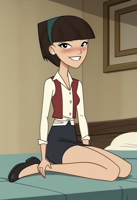 safe_pos, score_9, score_8_up, score_7_up BREAK TinaKwee, 1girl, black bobcut, blunt bangs, black eyes, white pearl earrings, dark green hairband, sleeveless open red shirt, long-sleeved white shirt, dark blue skirt, flat black shoes, female, female focus, solo focus, alone, full body, screenshot, official art, parody, cartoon footage, official design, screencap, cartoon screenshot, official screenshot, 2d, cartoon, source_cartoon, happy, blushing, sexy pose, pinup pose, pinup, sexy, looking at viewer, lying in bed,