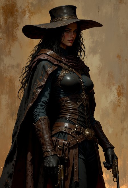 Image is a digital painting with a western theme, featuring a lone figure in a dramatic pose. The subject is a female with long, dark hair partially obscured by a wide-brimmed, weathered hat. She has a fair complexion and a determined expression. The attire is a rugged, dark leather coat with intricate detailing, complemented by a scarf wrapped around the neck. The figure holds a revolver in a gloved hand, exuding a sense of readiness and confidence. The background is a textured blend of earthy tones, enhancing the overall gritty and adventurous atmosphere of the scene. light particles, extremely sharp focus, unique artistic composition, (maximum ultra high definition image quality and rendering:3), maximum image detail, maximum realistic render, (((ultra realist style))), realist side lighting, , 8K high definition, realist soft lighting, (amazing special effect:3.5)
<lora:FluxMythP0rtr4itStyle:0.6> <lora:flux.1_lora_flyway_Epic-Characters_v1:0.6> <lora:Elden_Ring_-_Yoshitaka_Amano:0.33>