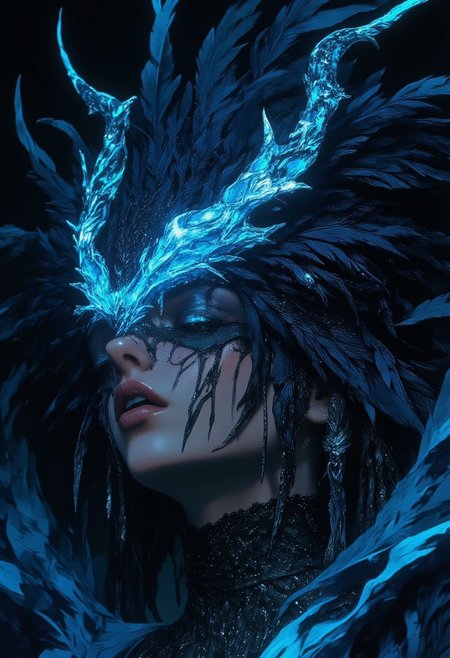 This artwork is titled "Moonlit Enchantress", it captures the ethereal and mystical essence of the woman's appearance, with the veil and dark feathers evoking a sense of lunar magic, veiled face, mythp0rt, midjourney_whisper_avant_couture