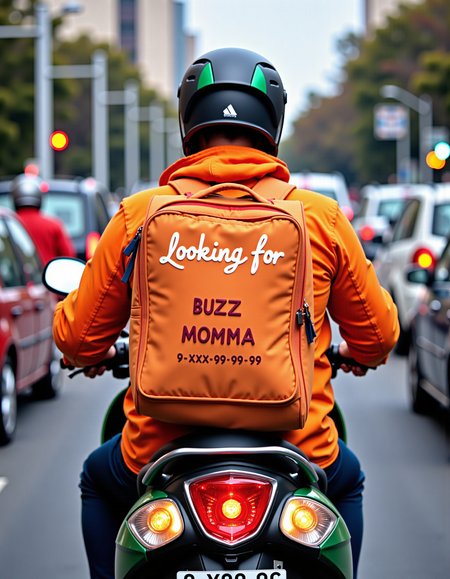 back view of delivery worker in orange jacket riding moped in traffic jam. on his backpack text "Looking for" written with white letters, below it on his backpack red text "Buzz Momma" written in red letters, below it on his backpack black text "9-xxx-99-99-99" written with black letters , aidmatextimprover, <lora:flux\Textimprover-FLUX-V0.4.safetensors:1.0:1.0>