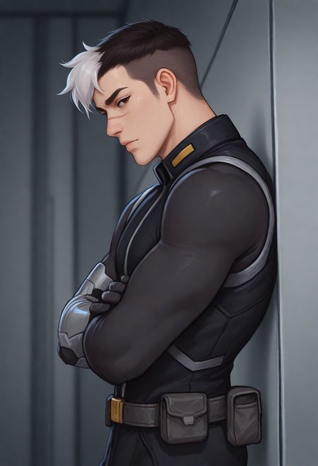 embedding:Illustrious\Positive\IllusP0s, embedding:Illustrious\Positive\IllustriousQual, 1boy, male focus, solo, illushirogane, black bodysuit, belt, undercut hair centered white bang, nose scar, prosthetic arm, standing, arms crossed, lean on the wall, interstellar spaceship interior, futuristic, look at viewer, side view, depth of field, best quality, high resolution, masterpiece.