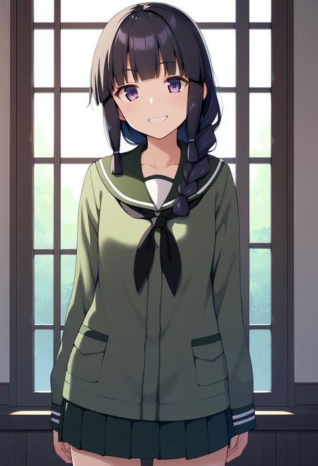 score_9, score_8_up, score_7_up, score_6_up, score_5_up, score_4_up, source_anime,
BREAK,
indoors, standing, looking at viewer, smile, serafuku, school uniform, 
<lora:kitakami_kancolle_ponyXL_v1:1> kitakami \(kancolle\), black hair, long hair, single braid, blunt bangs, sidelocks, purple eyes,