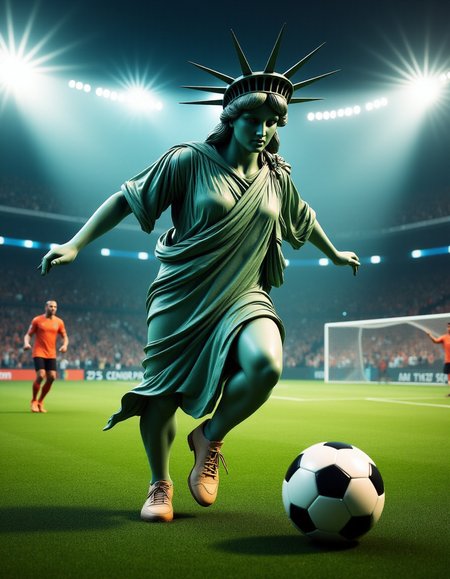 This image is a hyper-realistic CGI rendering of the Statue of Liberty playing soccer. The statue, with her iconic crown and detailed robes, is captured mid-action with incredible precision.
Lady Liberty is depicted in the heat of the moment, kicking a soccer ball with focused intensity. Her robes are dynamically flowing, reflecting the motion of the game. Her torch is set aside on the sidelines, adding a unique glow to the scene.
The background features a vibrant soccer field with green grass, goalposts, and cheering fans in the stands. The stadium lights cast a dramatic illumination on the field, capturing the energy and excitement of the game.
The overall atmosphere combines the grandeur of the statue with the spirited enthusiasm of a soccer match. The artist skillfully blends these elements to create a scene that is both exhilarating and thought-provoking.
, Statue of Liberty,<lora:Statue_of_Liberty_Flux_V1:1>ï¼