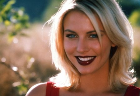 CinematicPortrait woman analog photo blonde smile    masterpiece outdoors, (glossy dark lipstick), blue eyes, (vegetation), soft focus, depth of field, film grain, (((looking at viewer))) <lora:CinematicPortraitXL_v3:0.35>  <lora:EuroBabe-v4-XL:0.25>