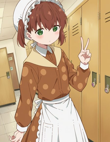 score_9, score_8_up, score_7_up, source_anime, <lora:nae-saikawa-s2-ponyxl-lora-nochekaiser:1>, nae saikawa, bangs, brown hair, hair between eyes, twintails, green eyes,, skirt, shirt, long sleeves, hat, collared shirt, apron, white headwear, polka dot, waist apron, white apron, frilled apron, brown shirt,, school hallway, lockers, between classes, everyday life, , , v,, solo,, dutch angle,