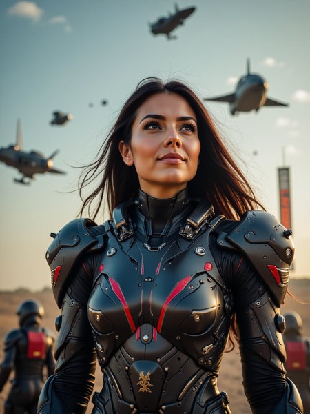 candid low-angle cinematic portrait of a beautiful brunette woman in heavy futuristic military armor, viewed from below in 3/4 profile, looking up toward the sky with calm confidence. Her armor is matte black with dark crimson and gold accents, glossy shoulder plating, reinforced joints, visible bolts, screws, and glowing fiber cables. flowing long hair, soft yet focused expression. background: futuristic battlefield skyline with looming dropships, tall banners, and distant marching troops. at the bottom of the image, bold metallic-texture futuristic font reads "Would you like to know more?" and "CivitAi Network" in a large sharp angular military-style font, beside an angular eagle emblem reminiscent of a sci-fi federation logo. photorealistic, cinematic, propaganda poster style, ultra-detailed, sharp focus, clear lighting, dramatic composition.



ftlas-mk.1
