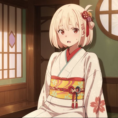 nsfw, masterpiece,best quality,amazing quality,1girl, solo, lycoris_recoil_chisato_nishikigi, sitting, kimono, japanese clothes, short hair, blonde hair, red eyes, bangs, hair ornament, white kimono, sweatdrop, open mouth, looking at viewer, indoors, bob cut, floral print, sash, obi, <lora:Chisato_Nishikigi_-_Lycoris_Recoil:0.7>