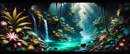 highly detailed mystical realism oil painting in the style of johan christian dahl and maurice sapiro, ancient, dark jungle brimming with life, an enchanted forest hidden deep in mystery, in the foreground, large, otherworldly plants with vibrant, exotic leaves and gorgeous esoteric flowers edge a glowing azure pool, lush layers of vegetation framing the waterfallâs base, dark shadows fill the corners, the center scene features a narrow, bioluminescent waterfall cascading down a rugged, multi-tiered cliff, its gentle glow casting a faint blue-green light, thick, emerald moss covers the cliff, hinting at untold ages, in the background, the dense foliage extends into the shadows, punctuated by faint glows from hidden recesses, suggesting unseen life, a medium-wide shot with slight overhead perspective, capturing the waterfall, pool, and dense jungle foliage in a balanced, layered composition, dynamic chiaroscuro lighting, with warm dappled light filtering through the thick jungle canopy, soft, ethereal glow around the waterfall and pool, faint reflections off the vibrant plants, intricate textures and shadow detail, soft interplay between deep green shadows and luminous highlights, painting-quality detail, realistic contrasts, and rich color gradations, supernatural and intricate scenery, in the style of ck-ovf, <lora:image_enhancer-flux-by_dever:1.0> <lora:style-oneviolentfantasy-ep21-flux-by_chronoknight:0.92>