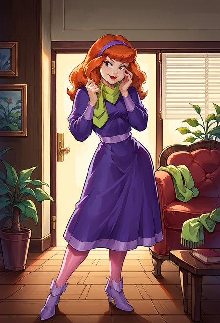 score_9, score_8_up,score_7_up, source_anime, 1girl, solo, <lora:EPsbdDaphne:1>, EPsbdDaphne, orange hair, long hair, black eyes, purple hairband, green scarf, pink pantyhose, purple dress, high heels, purple footwear, makeup, red lips, 1980s \(style\), retro artstyle,  looking to the side, closed mouth, smile, indoors, living room,