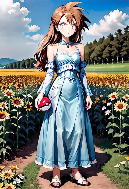 { full body, forest background, standing, FemGary:2.0, 1woman, solo, full body render, detailed facial features, full-length dress, long dress, lace, bare shoulders, detached sleeves, flowing ankle-length dress, flwdrss, holding a pokeball, standing in a field of flowers, in shade:1.5, }
flowers, rolling hills in the distance, field of flowers, various types of flowers, lillies, orchids, petunias, tulips,  sunflowers, multiple colors of flowers, light cloud cover, detailed environment, detailed background, 
pks, pokemon, 4kFacePonyXL,