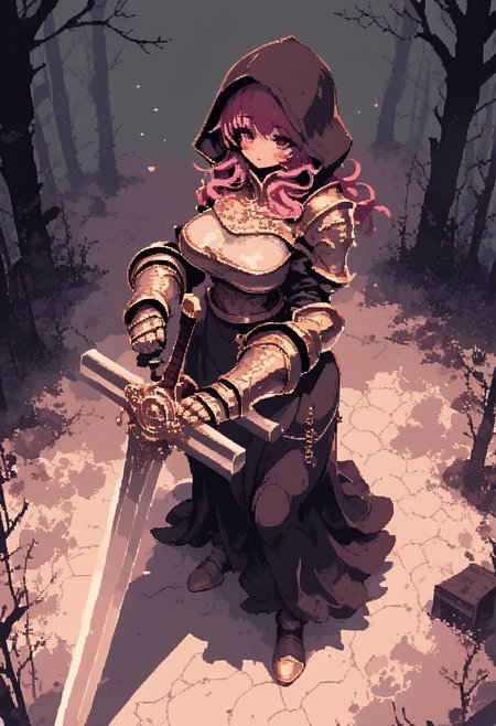 score_9, score_8_up, score_7_up, source_anime, fine sketch, manga style, monochrome, csr style, d3p1x3l, pixel art, 
(1girl), pink hair, blush, shortish hair, bangs, stylish cut, a medieval peasant, wearing a (long heavy tunic with a hood), and light armor, highly detailed, full body illustration, milf, proud, adventurer, heroin, grabbing the handle of the, (giant_long_sword:1.6), (resting stance:1.6), firm grip, wide shoulders, (muscular:1.2), tall height, busty, gauntlets, (looking up), epic composition, dark fantasy, 
a foggy and mysterious scene, dark fantasy aesthetic, dead trees in the background, with insanely intricate details and textures, gloomy dramatic lighting, perspective, (high angle:1.4), dynamic, foreshortening