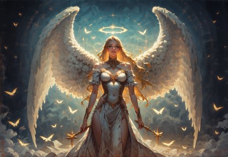 score_9, score_8_up, score_7_up,  woman, intricate, gold trim, fringe, wings, otherworldly, angelic outfit, Crystaline Peaks, angel, vibrant, high contrast, (atmospheric perspective:1.3), blonde hair, radiance, ephemeral, white and gold, solo  <lora:sdxl\vixon_pony_oil:0.7> <lora:sdxl\Anime Summer Days Style SDXL_LoRA_Pony Diffusion V6 XL:0.5>