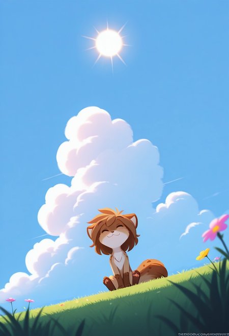 masterpiece, best quality, good quality, very awa, very aesthetic, absurdres, newest,
smile, closed mouth, closed eyes, :3, sitting, outdoors, sky, day, sun, cloud, blue sky, grass, flower, pink flower, yellow flower, purple flower, Blurred foreground,
from below, Dutch angle,Wide Shot, Full body, (haiz_ai, no lineart,no outline),
Kathrin Vaughan_\(Twokinds\), out of frame, bright colors, simple background, shadow, backlighting,