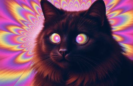 **Subject/Character:**  
A detailed, portrait of a majestic black Maine cat with long luxurious fur that flows softly and frames its face. Its mane is thick long and voluminous, adding a regal and elegant appearance. There are big circles inside of its eyes with a MESMERIZING OPTICAL ILLUSION they are now a kaleidoscopic explosion of vibrant colors, they are surreal and exaggerated, blending neon pinks, electric blues, glowing greens, radiant yellows, in an infinite swirl of trippy patterns. (((creating a dizzying effect that stretches into infinity. pulsating, trippy, pulsing. )))eyes that pulse with psychedelic energy. The fur is long rich and textured, featuring warm shades of grey and black with subtle highlights. The cat's expression is focused and intense, evoking an eerie sense of power and mystery. Whiskers radiate outward, adding lifelike detail to the scene.

**Background:**  
A minimal and matching to the eyes optical illusion. bending optical illusion of swirling neon colors—pinks, blues, and yellows—that distort reality around it, creating a dizzying effect that stretches into infinity. The entire scene, from the cat, is warped and twisted by this overwhelming illusion. 

**Style:**  
The art style is hyper-detailed, emphasizing fine details such as the texture of the fur, the eyes are surreal and exaggerated a MESMERIZING OPTICAL ILLUSION they are now a kaleidoscopic explosion of vibrant colors, blending neon pinks, electric blues, glowing greens, radiant yellows, in an infinite swirl of trippy patterns. creating a dizzying effect that stretches into infinity. pulsating, trippy, pulsing. eyes that pulse with psychedelic energy. and the interplay of light and shadow. The mood is haunting and dramatic, combining realism with a surreal, almost apocalyptic atmosphere. , A minimal and matching to the eyes optical illusion with deep shadows creating a captivating, high-contrast composition.  The scene is both awe-inspiring and visually overwhelming, as the illusion pulses with energy.


MESMERIZING OPTICAL ILLUSION, Anaglyph3D, ArsMovieStill, 80s Fantasy Movie Still, in the style of Jed4ni, FaeTastic, ethereal, tranceeyez4flux