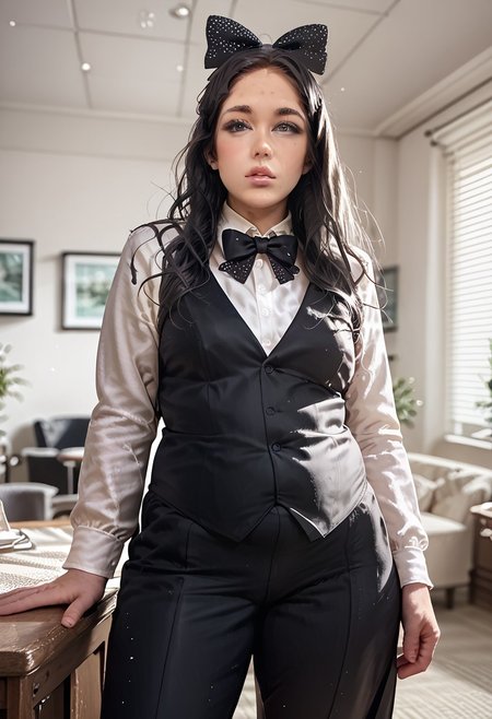 , (score_9, score_8_up, score_7_up),1girl, solo, tuxedo,chubby,  long hair, indoors, looking at viewer, black hair, realistic,, hair bow, parted lips