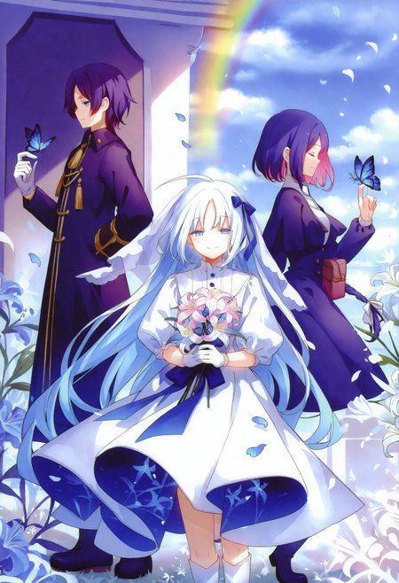 1boy, multiple girls, 1girl, 
butterfly, flower, bug, blue butterfly, blue eyes, bouquet, rainbow, holding bouquet, blue hair, long hair, holding, white flower, smile, dress, veil, parted bangs, long sleeves, closed eyes, curtained hair, closed mouth, white hair, braid, white dress, falling petals, lily \(flower\), gloves, petals, tassel, ahoge, holding flower, standing, white gloves, puffy long sleeves, multicolored hair, bow, blue ribbon, pink flower, blue flower, outdoors, puffy sleeves, blue sky, purple flower, sky, pink hair, looking at viewer, ribbon, hand up, white lily, day, pouch, hand on own hip, hair bow, white butterfly, very long hair, index finger raised, blue bow, hair ribbon, butterfly on hand, boots, jacket, short hair, bag,
masterpiece, best quality, newest, absurdres, highres, safe
 <lora:Dhiea1_noob1.1-000177:1>