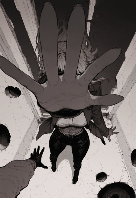 score_9, score_8_up, score_7_up, masterpiece, best quality, very aesthetic,  incoth, (incase:0.6), detailed face, (dynamic:1), r17329_illu, perspective, reaching out hand, pov, standing on edge, from below, hole, female hand, pulling inside, 