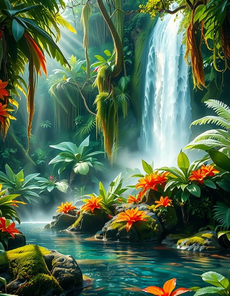 A stunning and tranquil view of a jungle waterfall cascading down smooth, moss-covered rocks into a crystal-clear pool below. The scene is surrounded by dense, lush greenery, with towering tropical trees and vibrant, oversized ferns creating a natural canopy that filters sunlight into dappled patterns on the forest floor. Brightly colored flowers in shades of red, orange, and purple add splashes of color among the greenery, while vines and roots wind their way around the rocks and trees. Mist rises from the base of the waterfall, catching the sunlight and creating a soft, ethereal glow, with a faint rainbow visible in the spray. Exotic birds with iridescent feathers can be seen perched on branches, and the faint sound of distant animal calls adds to the sense of a thriving, untouched paradise. The overall atmosphere is serene, magical, and vibrant, capturing the untamed beauty of nature.<lora:SDXLFaeTastic2400:0.4> <lora:extremely_detailed:0.4> extremely detailed, <lora:Jungle_w4t3rf4ll:1>,Jungle w4t3rf4ll, Masterpiece,best quality,hi res,8k,hi res,8k,award winning,(sharp focus, intricate, highly detailed),