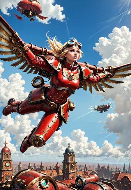 (score_9, score_8_up), score_7_up,  <lora:PonyBloodA40K:0.8> BloodA40K, 1girl, solo, wearing red power armor, ((steampunk, sky world, cloud)), midriff, blonde hair, flying, hovering, air, goggles on head, dynamic angle, (intricate details,detailed face,detailed eyes,super-detailer-bsy,detailifier,detailed skin,detailed hair,hyper-detailed,ultra-detailed,sexiness enhancer)