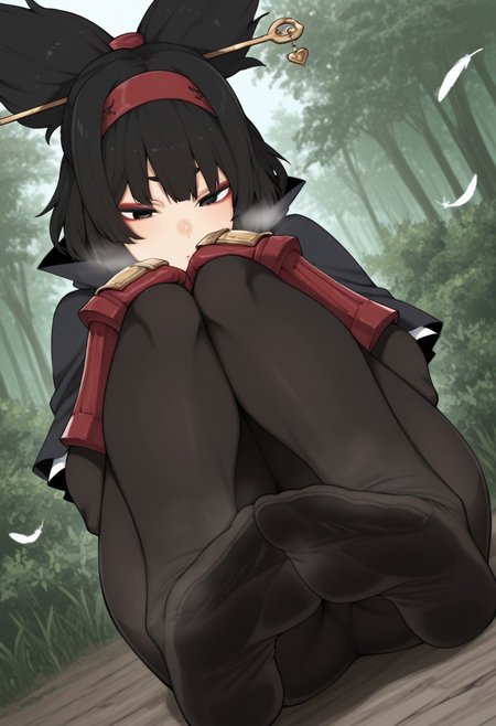 kazuo,  outdoors, undershirt, falling feathers, black bodysuit, hair stick, hugging knees, knees to chest, gauntlets, eyeshadow, red gloves, two sides up, black capelet, red hairband, black eyes, 1girl, solo, feet, visible breath, dynamic angle, foreshortening, smell, steam,