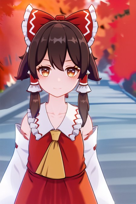 masterpiece, best quality, wral, hakurei reimu, 1girl, solo, smile, brown hair, bow, hair tubes, red bow, hair bow, detached sleeves, looking at viewer, ascot, upper body, yellow ascot, blush, bare shoulders, frills, bangs, tree, holding, red eyes, sidelocks, outdoors, closed mouth, day, wide sleeves, frilled bow, collarbone, long sleeves, red vest, short hair, frilled shirt collar, blurry, sky, hair between eyes, vest, broom, long hair, blurry background