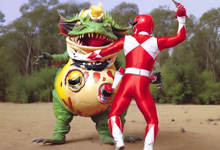 Terror Toad, toad monster, male red power ranger, yellow ranger helmet tattoo, fighting