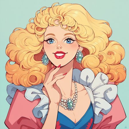 score_9, score_8_up, score_7_up, score_6_up, score_5_up, score_4_up, hud_millirob, 1girl, blonde curly hair, blue eyes, solo, dress, jewelry, retro artstyle,  lipstick, smile, <lora:hud_millirob:0.7>
