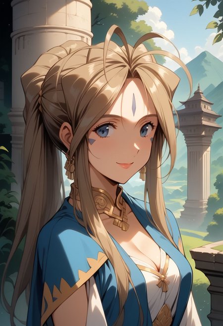 score_9, score_8_up, score_7_up, score_6_up, masterpiece, ultra detailed, best quality, source_anime, BREAK, 1girl, smile, closed mouth, Belldandy, blue dress with a golden trim, blue fingerless gloves, jewelry, cleavage, sleeveless dress, white underdress, golden choker, earrings, ancient temple, fantasy setting, mountains, outdoors, marble pillars, day, forest, delicate features, soft lighting