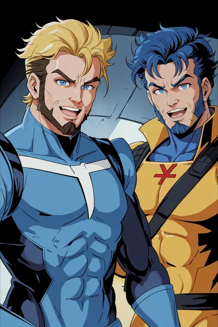 X-men TaS Style, 2boys, black hair, blonde hair, blue bodysuit, blue eyes, blue hair, bodysuit, facial hair, gloves, male focus, multiple boys, open mouth, parody, pilot suit, retro artstyle, sideburns, smile, style parody <lora:XmenStyle:0.8>