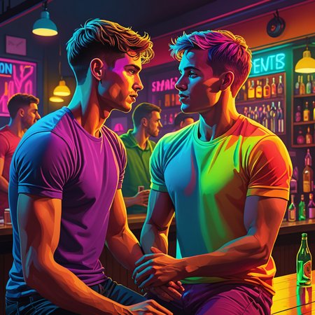 two athletic young adult men sharing an intimate moment in a busy gay bar, short hair, silhouette, vibrant rainbow neon color, illustration, cartoon, highly detailed, high quality,