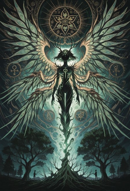 twisting , dissolving , abstract , abomination ,absurd , extreme theme ,extreme theme ,extra eyes, too many eyes, light source , illuminating , wings of eye , extra wings , Celtic symbol , green and lush , (triquetra symbol  ,trinity :1.3) , tree antler , 
masterpiece, best quality ,amazing quality ,15546+456868, usnr ,